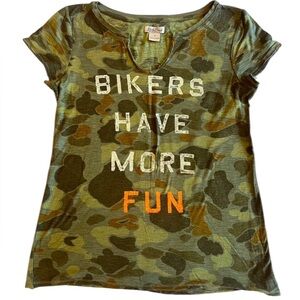 Women’s Lucky Brand Camo Tee – “Bikers‎ Have More Fun” – Size Medium